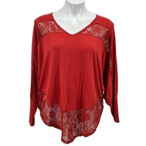 NEXTY Paris Lace Lagenlook Top Women's SZ L Red Art to Wear Delicate Flowy Sheer
